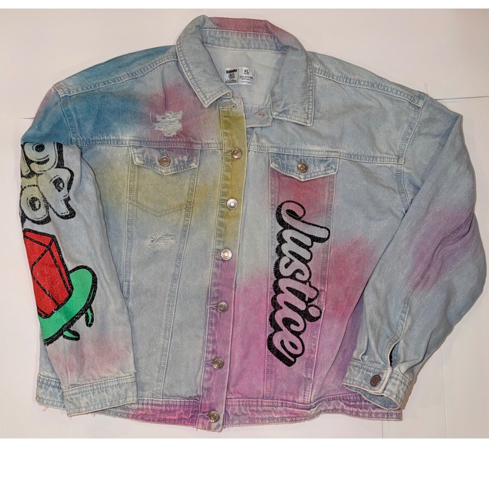 Justice x Bazooka Ring Pop Girls Tie Dye Denim Jacket XL 16/18 Distressed Candy
